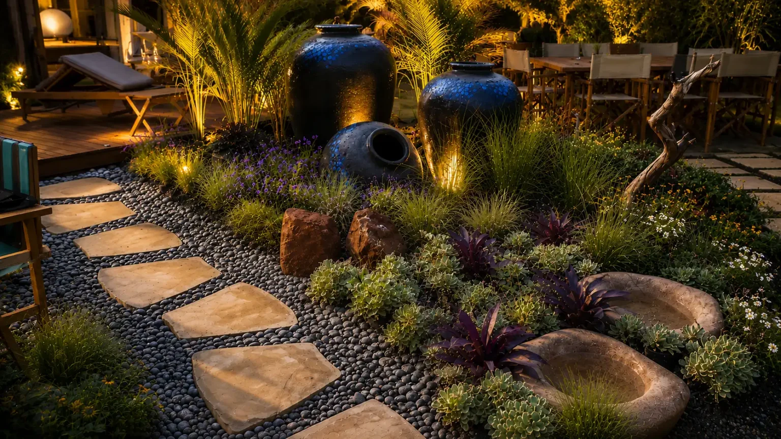 Luxury landscape design and outdoor living garden in Pretoria featuring natural stone pathways, decorative pots, architectural planting and ambient garden lighting by Down2Earth® Design Studio.