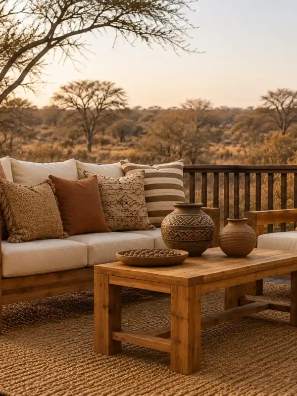 Premium outdoor furniture collection on a timber deck overlooking an African bushveld landscape at sunset.
