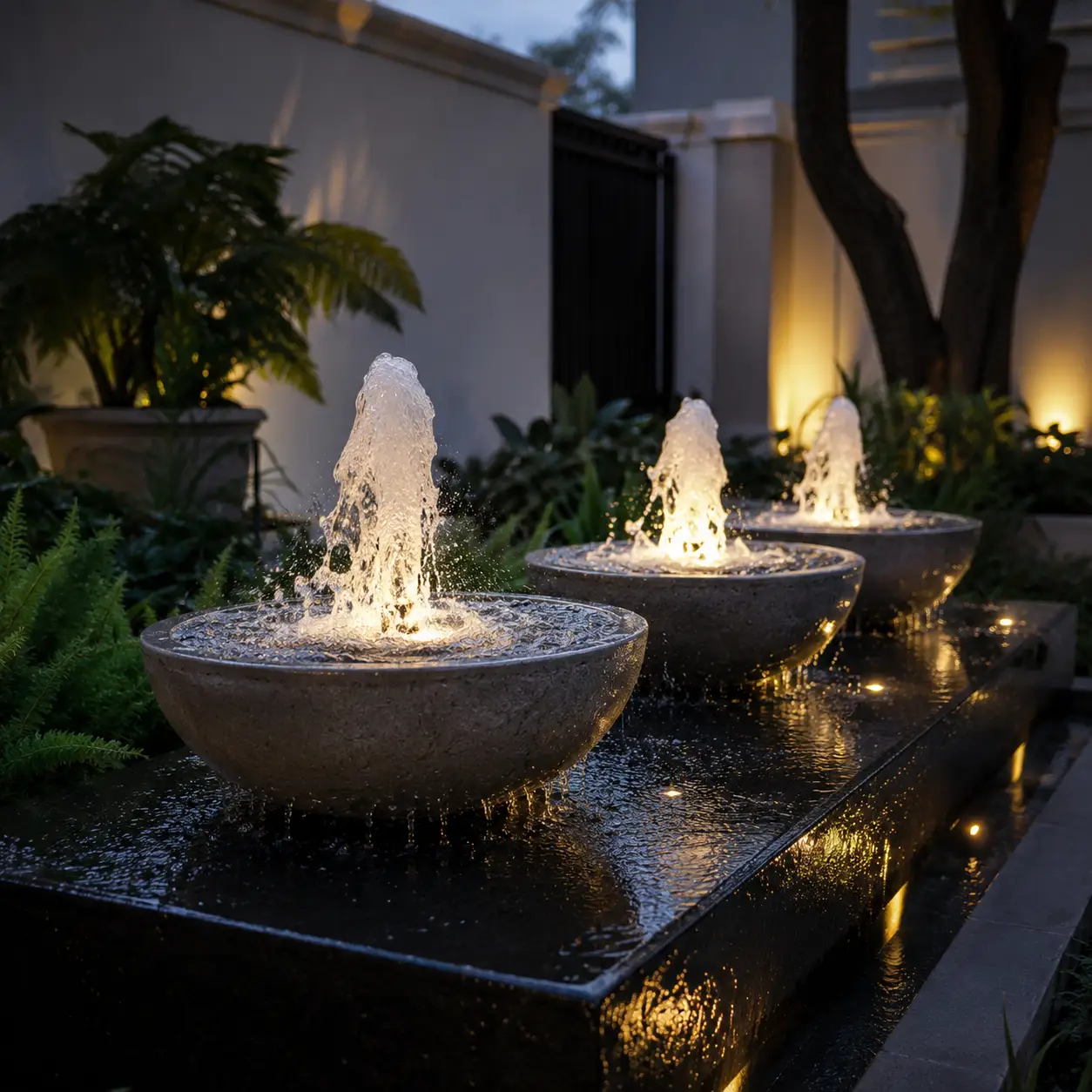 Luxury illuminated fountain water feature designed and installed by Down2Earth Design Studio in Waterkloof Pretoria